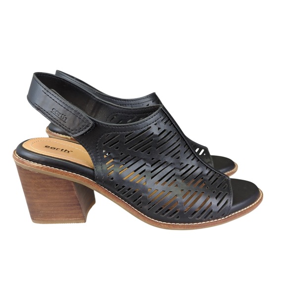 Earth Aurara Black Leather Cutout Slingback Block Heel Sandals Women's 11M Kalso - Picture 1 of 8